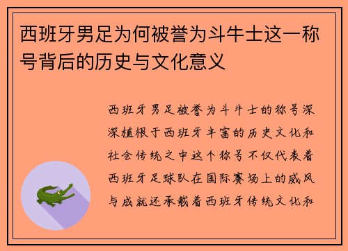 西班牙男足为何被誉为斗牛士这一称号背后的历史与文化意义